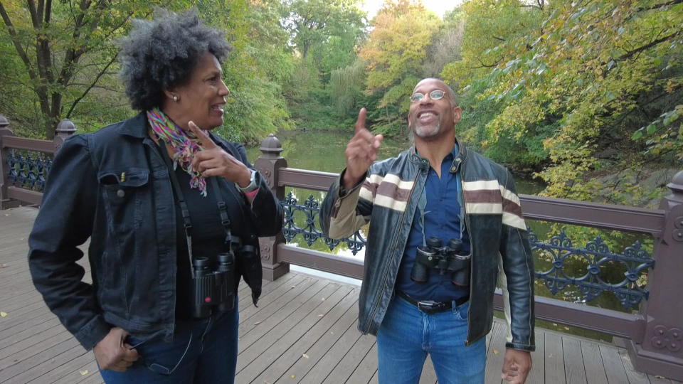 Correspondent Nancy Giles with birder Christian Cooper in a bird watcher's paradise: New York's Central Park.  / Credit: CBS News