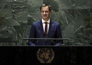 FILE - In this Friday Sept. 24, 2021 file photo, Belgium's Prime Minister Alexander de Croo addresses the 76th session of the United Nations General Assembly, at UN headquarters. As Europe's economic powerhouse Germany embarks on the task of piecing together a new ruling coalition after the knife-edge election on Sunday Sept. 26, 2021, the country need only look to its neighbors, Belgium and the Netherlands, to see how tricky the process can be. Belgium Prime Minister Alexander De Croo’s government was formed on Oct. 1, 2020, ending almost 500 days of talks, caretaker cabinets and a minority coalition rubber stamped to see the country through the start of the COVID pandemic. (Peter Foley/Pool Photo via AP)