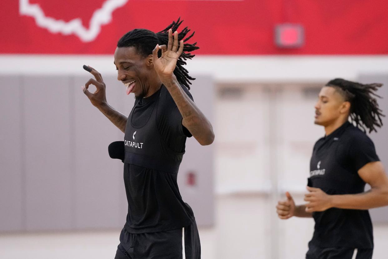 Jul 9, 2024; Columbus, OH, USA; Ohio State Buckeyes forward Aaron Bradshaw runs during a summer workout in the practice gym at the Schottenstein Center.