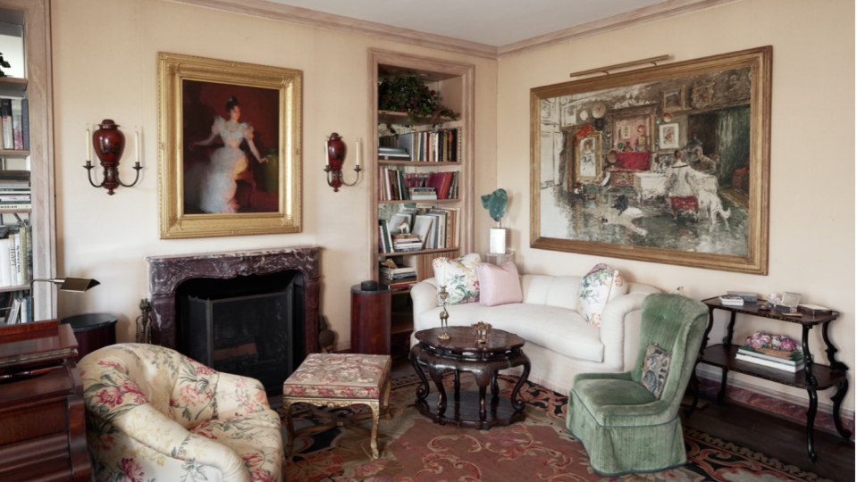 a living room with a fireplace