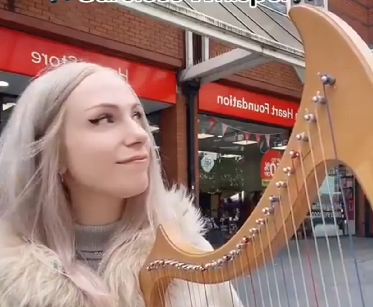 The female harpist was interrupted by an angry passer-by as she played on the street in Harrow (X)