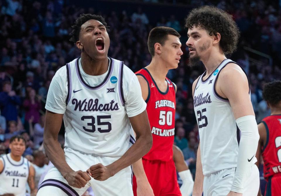 Kansas State’s Nae’Qwan Tomlin celebrates basket and foul during the second half of their east region final game against Florida Atlantic at Madison Square Garden on Saturday night.