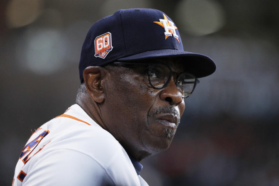 Houston Astros manager Dusty Baker Jr. is shown during the first inning in the first game of a baseball doubleheader against the New York Yankees Thursday, July 21, 2022, in Houston. (AP Photo/Kevin M. Cox)