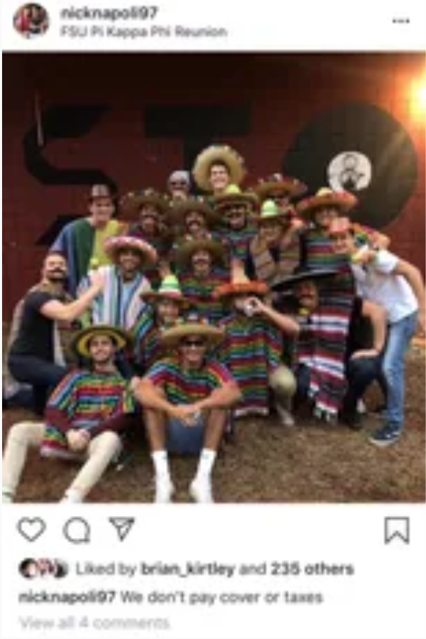 The offending photo was initially shared on an account that appears to belong to a Florida State student. (Photo: Instagram)