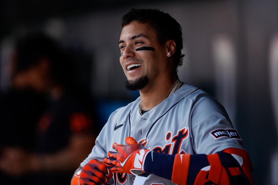 Detroit Tigers shortstop Javier Baez (28) in the dugout after hitting a grand slam in the first inning against the Colorado Rockies at Coors Field in Denver on Sunday, July 2, 2023.