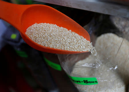 FILE PHOTO - A seller shows Quinoa to a photographer at her stand at a market in Lima's Surquillo district in Peru on February 25, 2015. REUTERS/ Mariana Bazo/File Photo