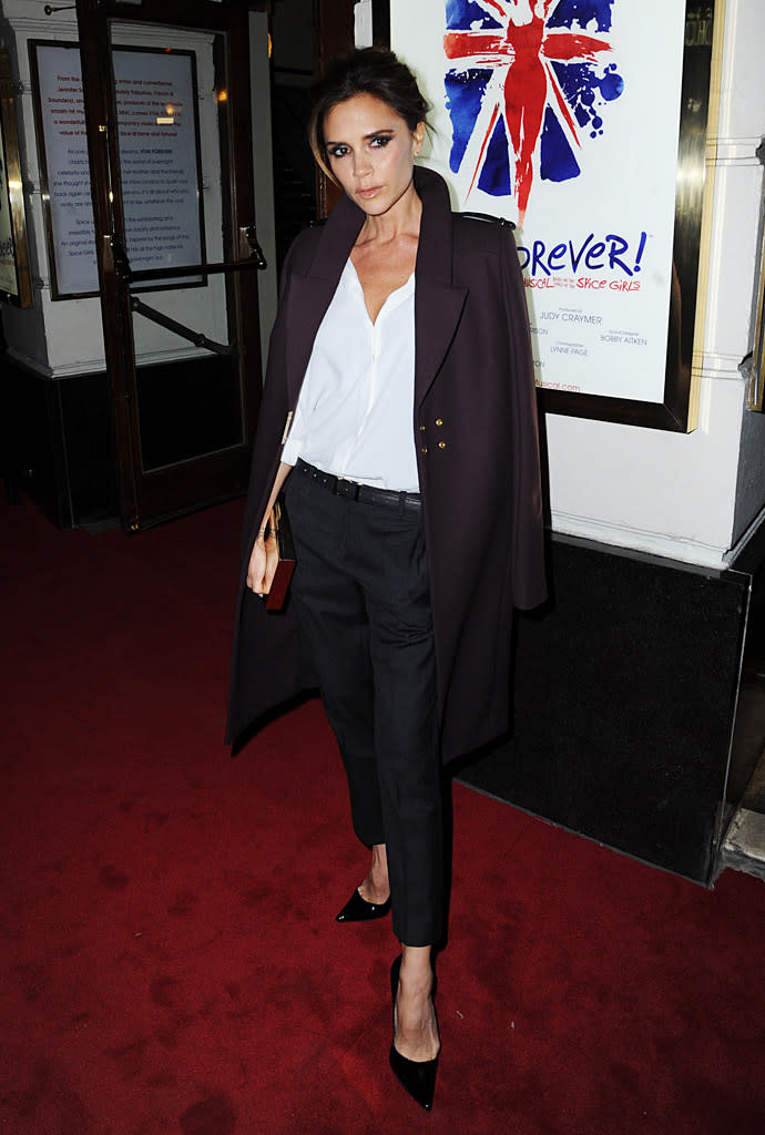 Also looking fashionable in London was Spice Girl Victoria Beckham, who arrived at the "Viva Forever" press event in -- shocker! -- her self-designed duds. OK, not every item comes from her collection; the trousers are Isabel Marant, and the shoes are Manolo Blahnik, but the crisp white shirt and $3,600 coat are all hers. (12/11/2012)