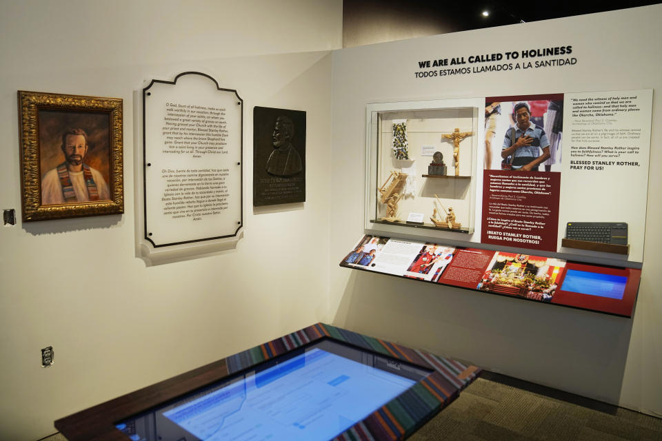 A display in the museum that is part of the The Blessed Stanley Rother Shrine is pictured Thursday, Feb. 2, 2023, in Oklahoma City. The 46-year-old priest, shot to death in 1981, became the Catholic Church’s first martyr to be born in the United States. (AP Photo/Sue Ogrocki)