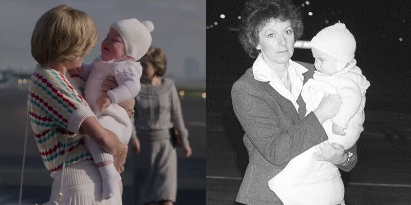 <p>It was unprecedented when Princess Diana brought a baby Prince William on royal tour in 1983. For the significant moment on <em>The Crown</em>, the actor who played William wore the exact same white onesie and knit hat as he did in real life. </p>