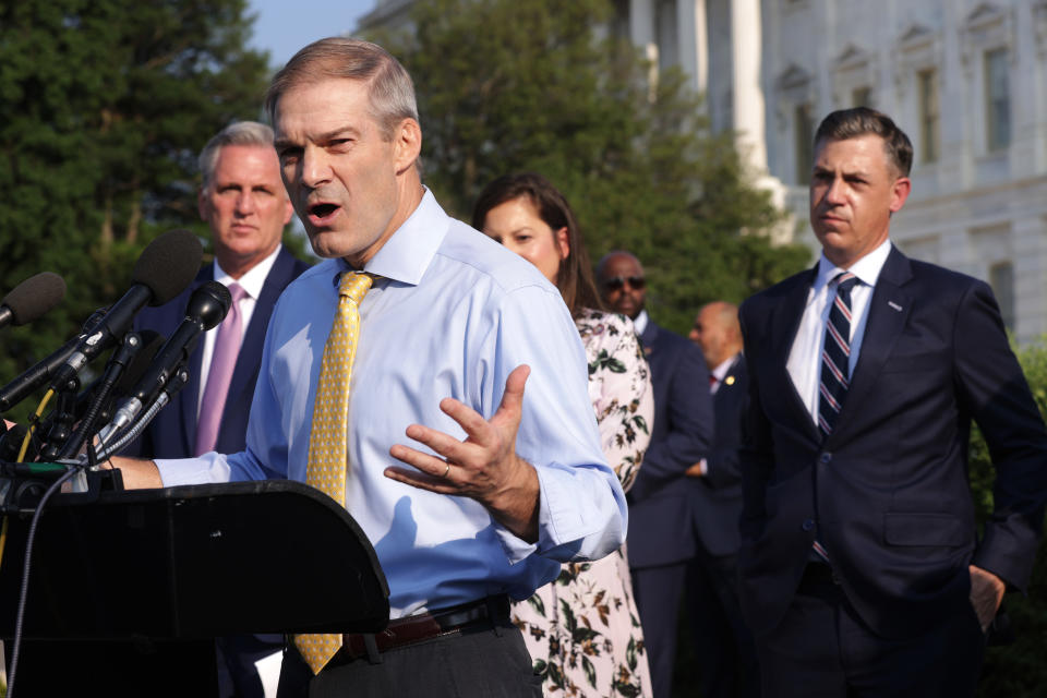 Rep. Jim Jordan, R-Ohio, speaks at a news conference to discuss the Jan. 6 committee, in July 2021. 