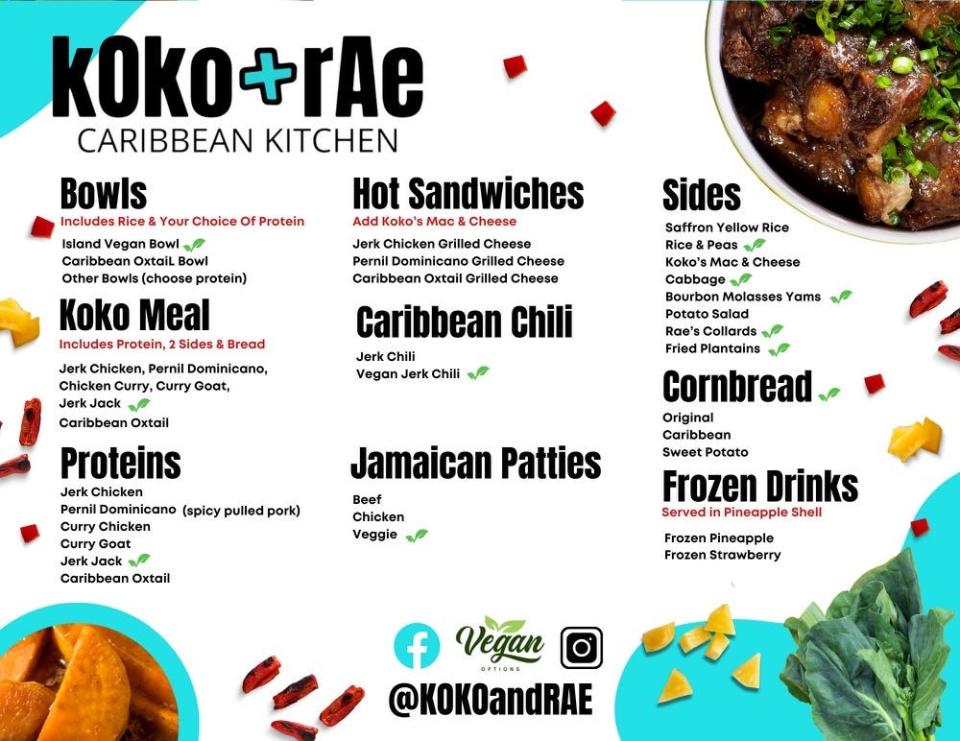 The menu of Koko+Rae features build-your-own bowls with protein options such as jerk chicken, spicy pulled pork, curry chicken and oxtail.