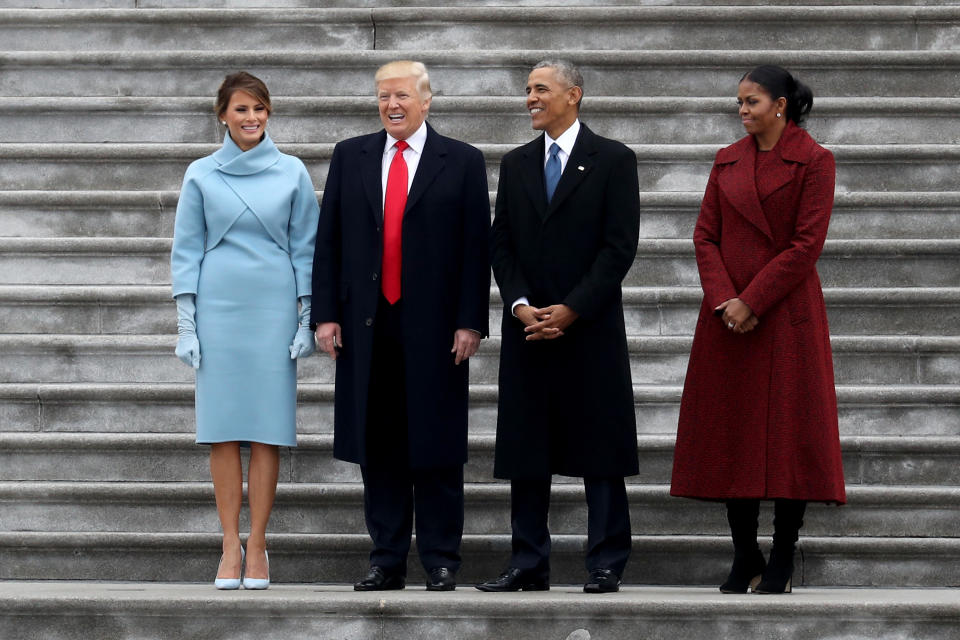 Melania and Donald Trump with Barack and Michelle Obama and Trump's inauguration