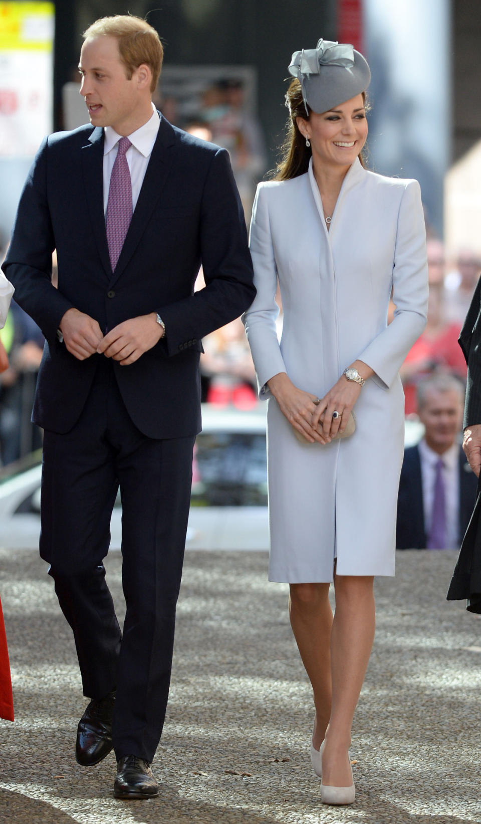 <p>Kate donned an elegant dove grey ensemble by Alexander McQueen for Easter services in Australia. She paired the look with a bespoke hat by Jane Taylor, an Alexander McQueen suede clutch and L.K. Bennett pumps. </p><p><i>[Photo: PA]</i></p>