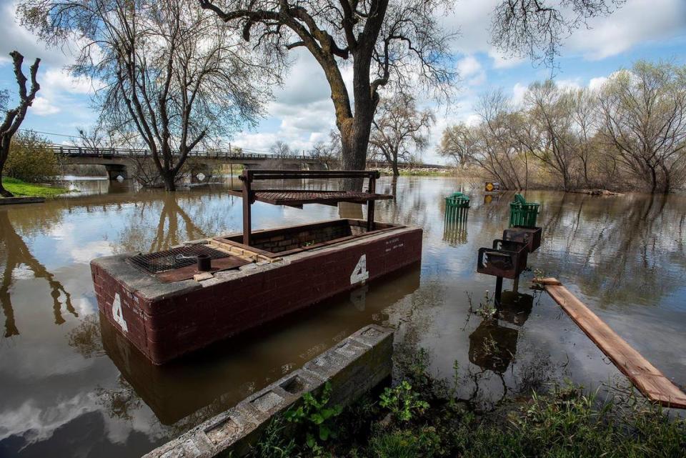 A flooded section of Hagaman Park as the Merced River remains above flood stage in Livingston, Calif., on Sunday, April 2, 2023.