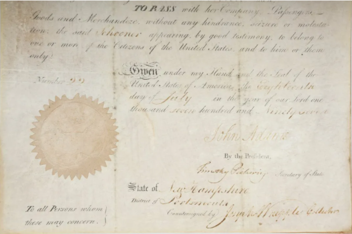 A ship’s passport signed by John Adams and dated July 18, 1797, will hit the auction block Aug. 4, 2022, in Amesbury.