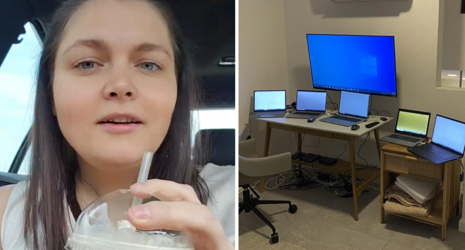 HR manager Sunny Lena next to a five-laptop work from home setup