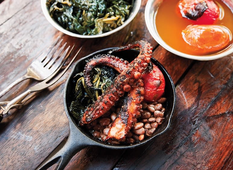 Grilled Octopus with Kale, Tomatoes, and Beans