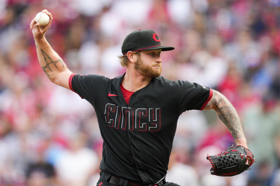 Cincinnati Reds starting pitcher Ben Lively throws to a New York Yankees batter during the second inning of a baseball game in Cincinnati, Friday, May 19, 2023. (AP Photo/Jeff Dean)
