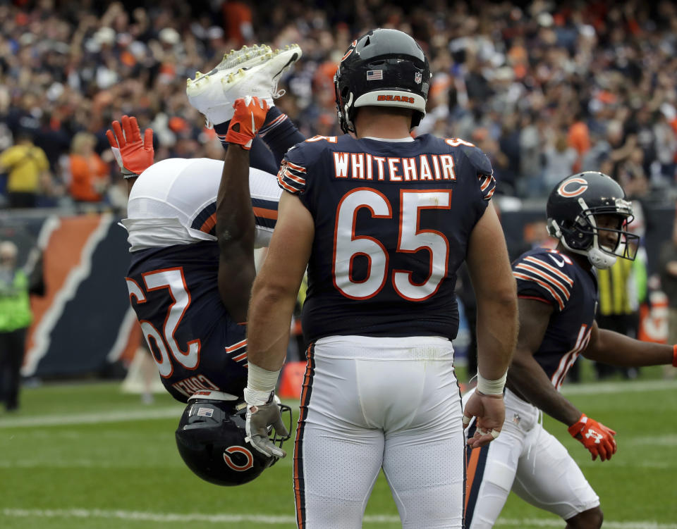 Chicago Bears running back Tarik Cohen (29) does a backflip as he celebrates a touchdown during the first half of an NFL football game Sunday, Sept. 30, 2018, in Chicago. (AP Photo/Nam Y. Huh)