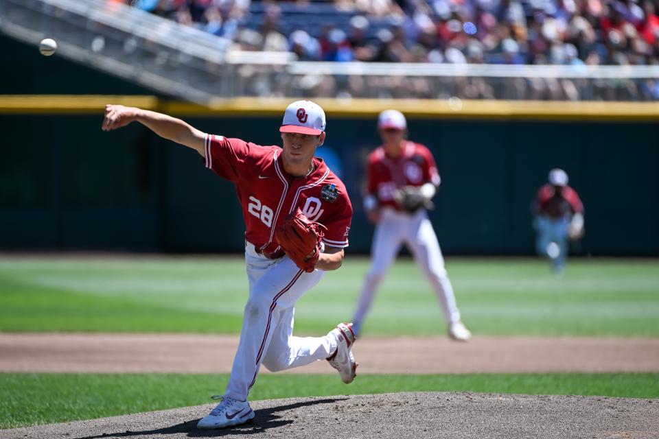 22 de junio de 2022;  Omaha, NE, EE. UU.;  El lanzador abridor de los Sooners de Oklahoma, David Sandlin (28), lanza contra los Aggies de Texas A&M en la primera entrada en el Charles Schwab Field.  Crédito obligatorio: Steven Branscombe-USA TODAY Sports