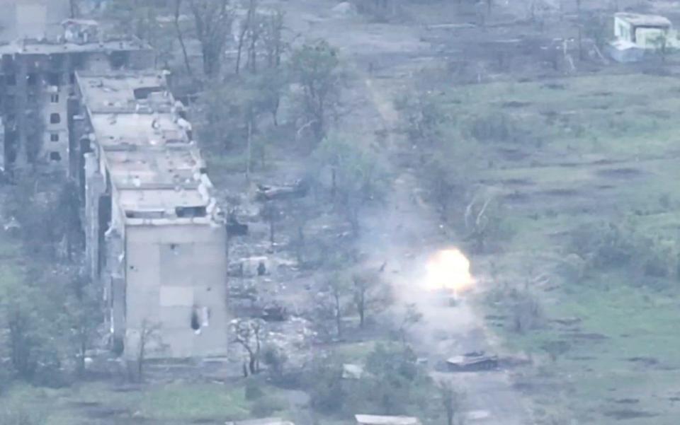 Drone footage shows artillery strikes on the Ukrainian village of Toshkivka in the Luhansk region - via REUTERS