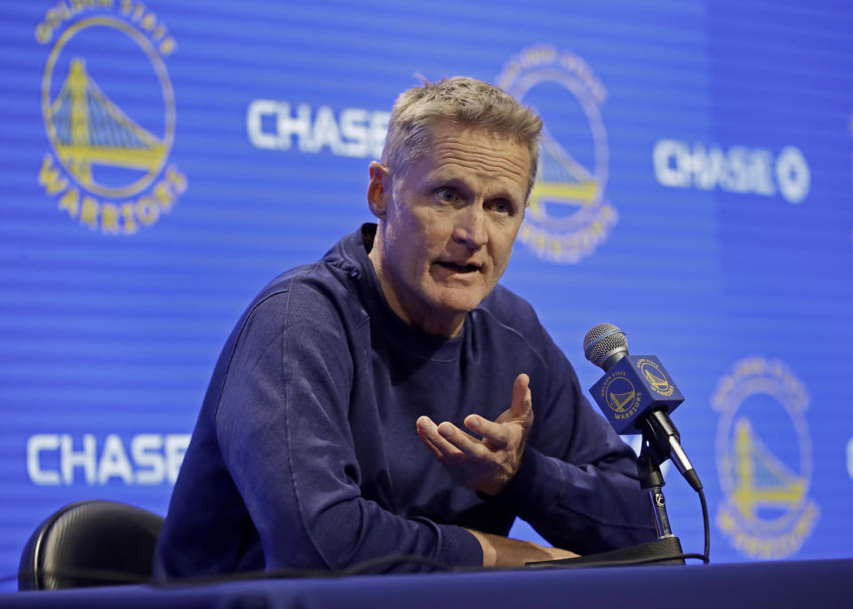 Golden State Warriors coach Steve Kerr gestures while speaking to reporters before the team's NBA basketball game against the Minnesota Timberwolves on Thursday, Oct. 10, 2019, in San Francisco. (AP Photo/Ben Margot)