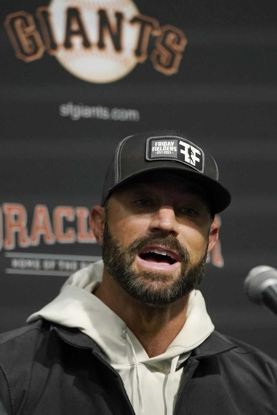 San Francisco Giants manager Gabe Kapler speaks at a news conference in San Francisco, Monday, Oct. 18, 2021. (AP Photo/Jeff Chiu)