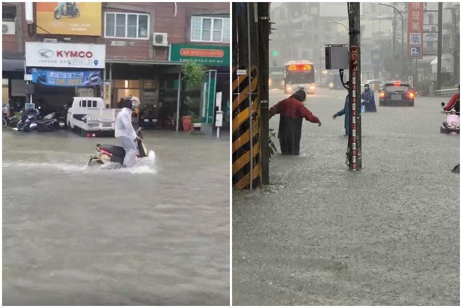 高雄三民區本館路淹水成河，讓gogoro成了水上摩托車。（翻攝自記者爆料網）