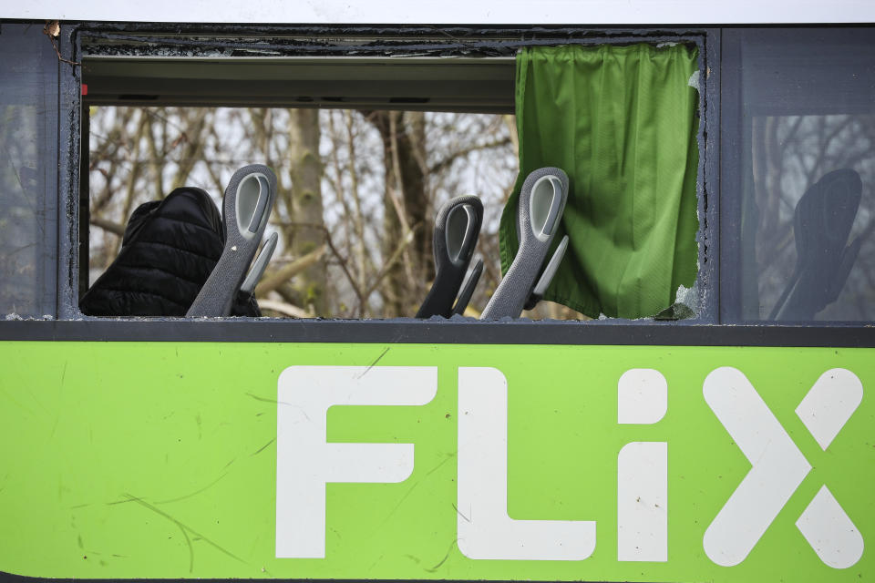 A view of the bus at the scene of the accident on the A9, near Schkeuditz, Germany, Wednesday March 27. 2024. (Jan Woitas/dpa via AP)