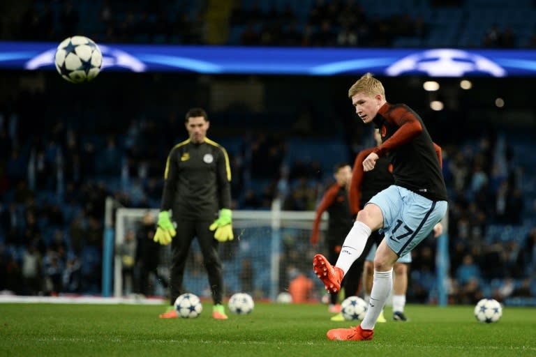 Manchester City's Kevin De Bruyne warms up ahead of their UEFA Champions League round of 16 1st leg match against Monaco, at the Etihad Stadium in Manchester, on February 21, 2017