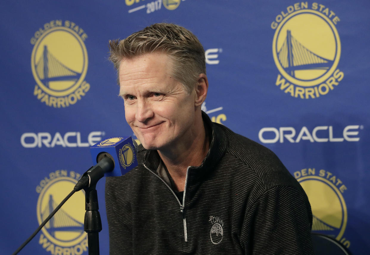 Golden State Warriors head coach Steve Kerr took a jab at those who hate on dynasties, such as his Warriors. (AP Photo/Jeff Chiu)