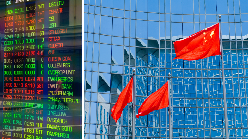 The ASX board showing prices changes and the Chinese flay flying out the front of a large building.