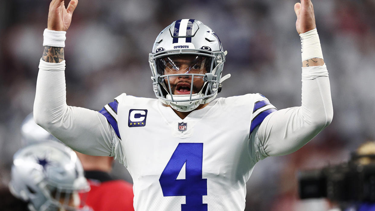 The Dallas Cowboys ran through Dak Prescott on the final play of their loss to the 49rs, a move that has been panned by NFL fans. (Photo by Tom Pennington/Getty Images)