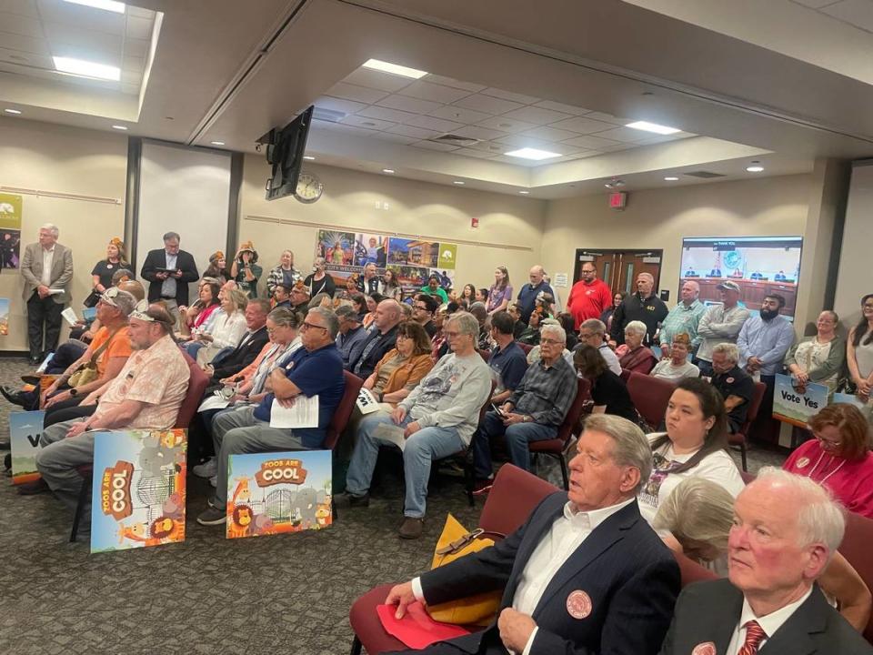 A full house inside the Elk Grove City Council Chambers for the announcement of the relocation of the Sacramento Zoo on May 8, 2024. Marcus D. Smith