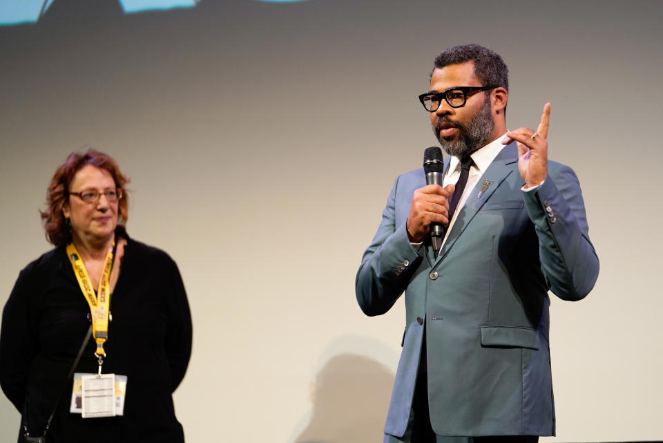SXSW Film director Janet Pierson and Jordan Peele (R) speak onstage during the ‘Us’ Premiere during the 2019 SXSW Conference and Festivals at Paramount Theatre on March 8, 2019 in Austin, Texas. (Ismael Quintanilla/Getty Images for SXSW)