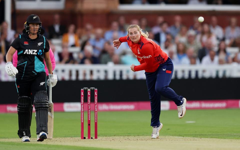 Sophie Ecclestone of England bowls during the 5th Women's Vitality IT20 between England and New Zealand at Lord's Cricket Ground on July 17, 2024 in London, England.