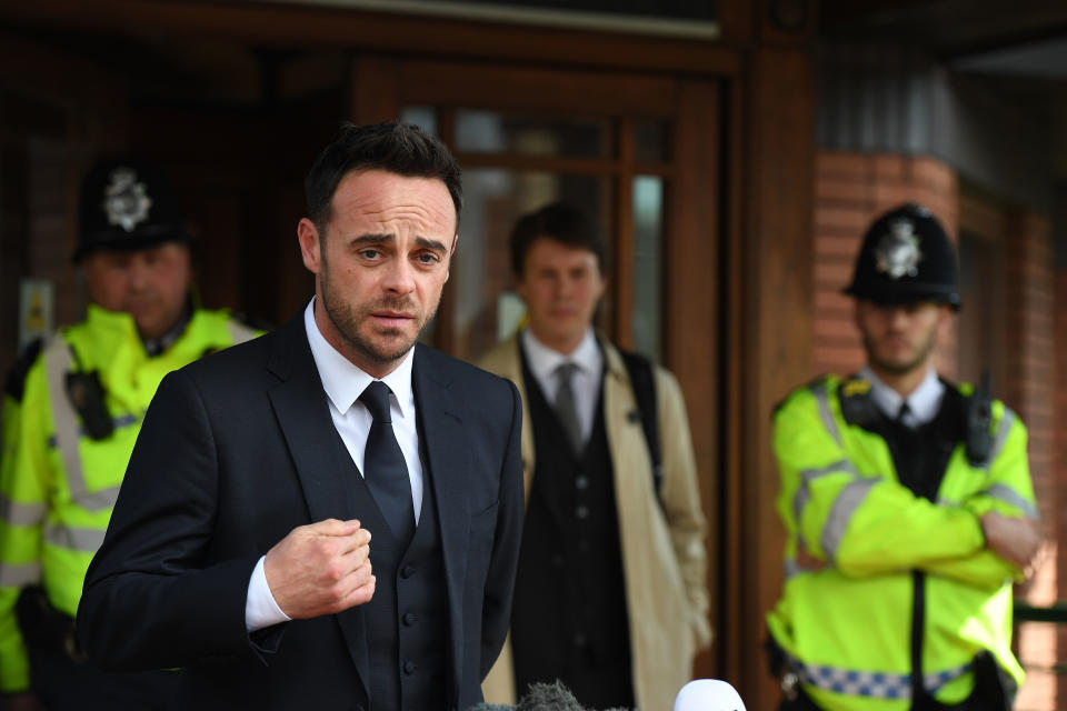 LONDON, ENGLAND - APRIL 16:  Ant McPartlin makes a statement as he leaves Wimbledon Magistrates Court on April 16, 2018 in London, England. Anthony McPartlin, one half of the television presenting duo Ant and Dec is fined £86,000 and banned from driving for 20 months after pleaded guilty to drink-driving. (Photo by Chris J Ratcliffe/Getty Images,)