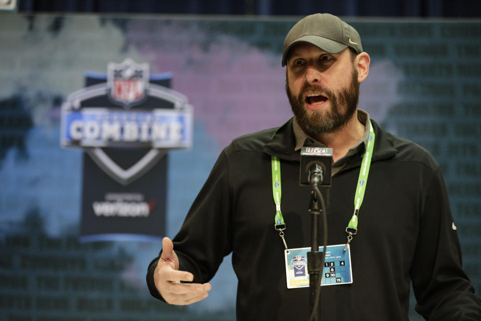 FILE - In this Feb. 25, 2020, file photo, New York Jets head coach Adam Gase speaks during a news conference at the NFL football scouting combine in Indianapolis. Now that more NFL players have opted out of the 2020 season than did men in MLB, the NHL and NBA combined, what about coaches? Gase, a member of the coaching kiddie corps at age 42, has addressed the situation of coaches getting sick. (AP Photo/Michael Conroy, File)