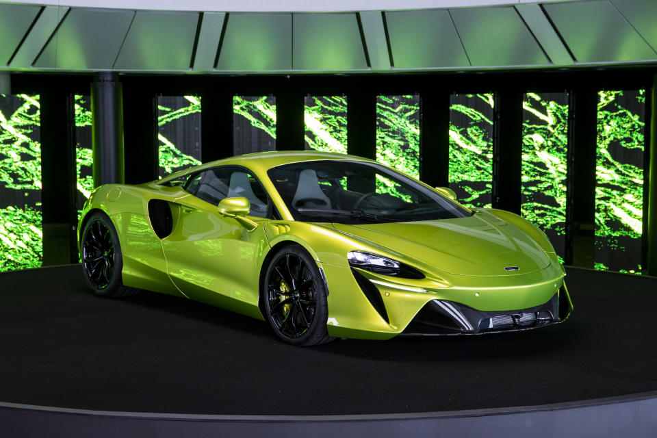 WOKING, ENGLAND - JANUARY 29:  The new McLaren Artura high-performance hybrid supercar is revealed at McLaren Technology Centre on January 29, 2021 in Woking, England. (Photo by Mark Thompson/Getty Images for McLaren)