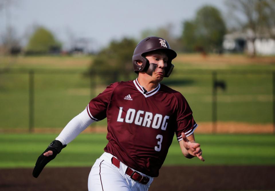 Logan-Rogersville's Curry Sutherland rounds third on his way to the plate for a run as the Wildcats take on the Marshfield Blue Jays on Thursday, April 13, 2023.