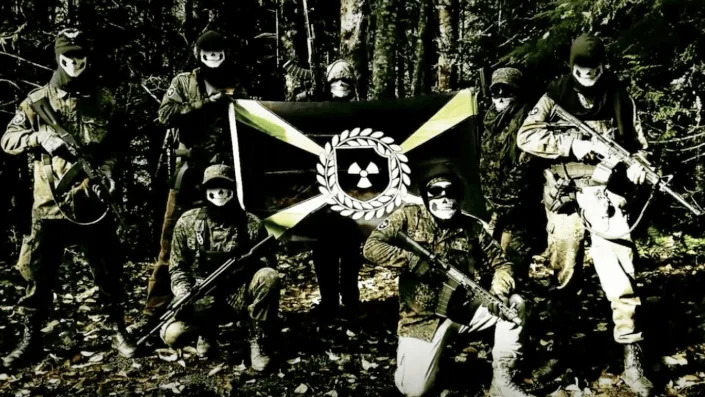 A still from a propaganda video by an American white supremacist group Atomwaffen Division. (AWD via Soufan Center)