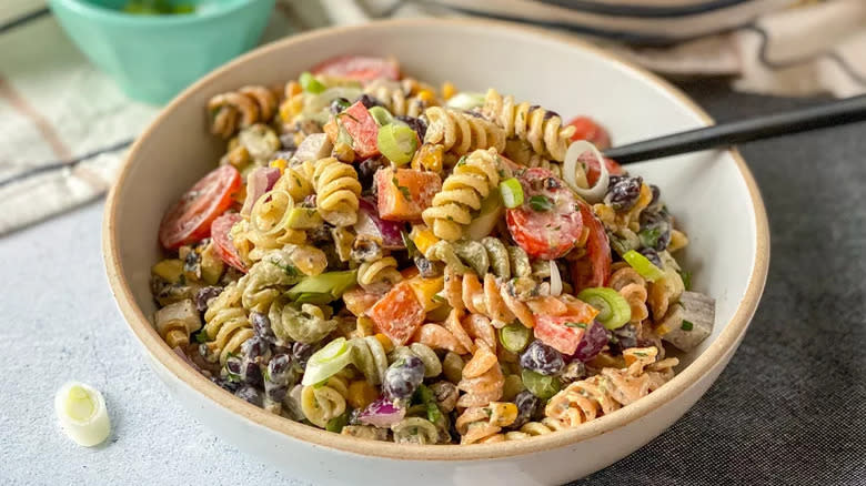 Southwest pasta salad in a white bowl