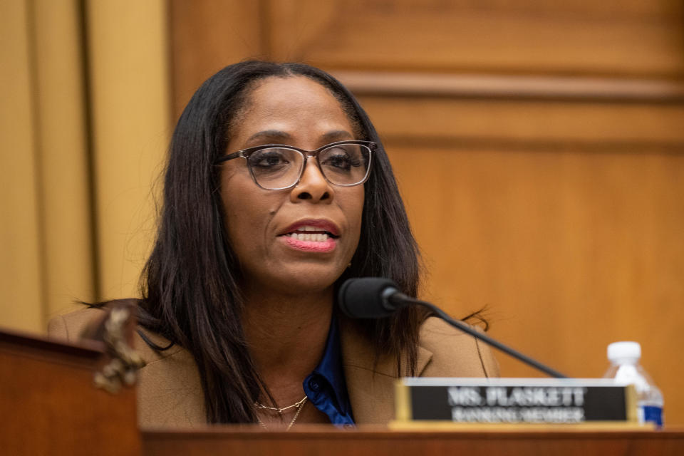 Ranking member Stacey Plaskett, a Democrat from the Virgin Islands, speaks during the Weaponization of the Federal Government Subcommittee hearing on 