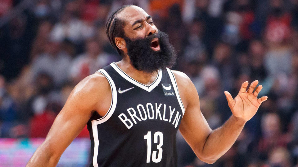 Pictured here, James Harden looks on in an NBA game for Brooklyn. Pic: Getty