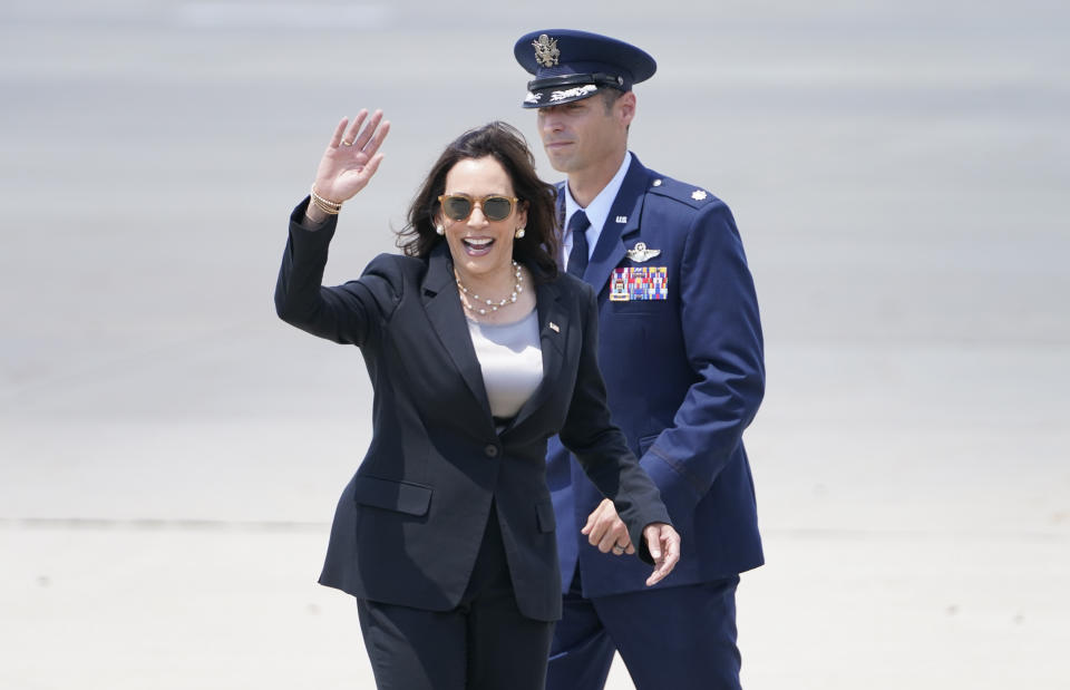 Vice President Kamala Harris waves goodbye prior boarding Air Force Two at Andrews Air Force Base, Md., Sunday, June 6, 2021, en route to Guatemala City. (AP Photo/Jacquelyn Martin)