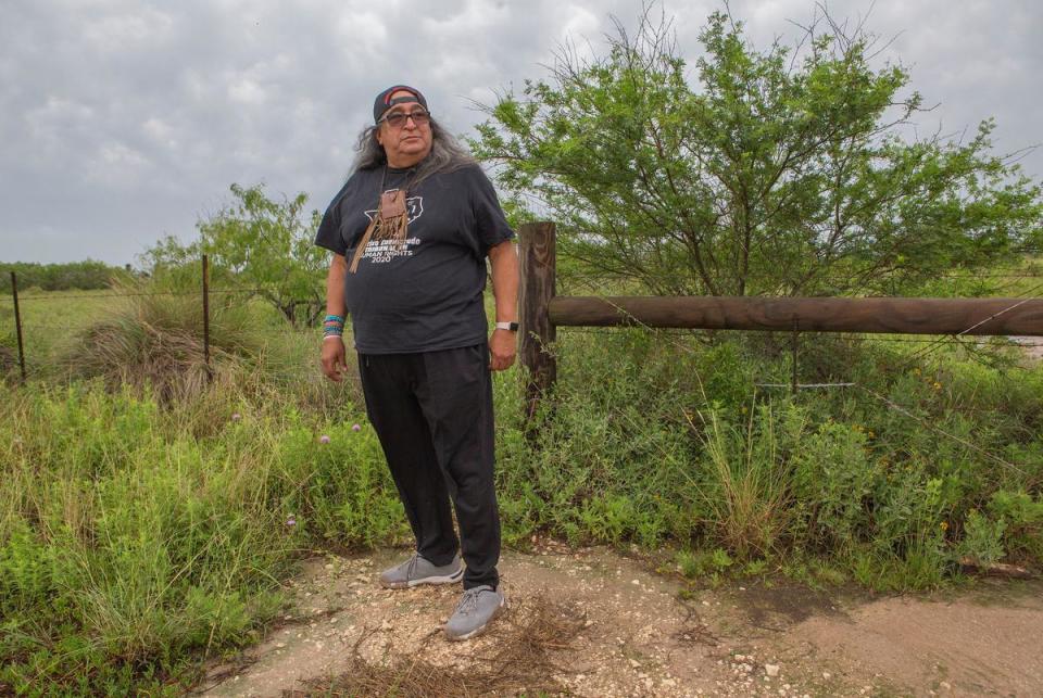 Juan Mancias, chairman of the Carrizo Comecrudo Tribe of Texas, who has campaigned against LNG terminals on Rio Grande, stands outside the tract for a planned terminal on the Brownsville Ship Channel in April.