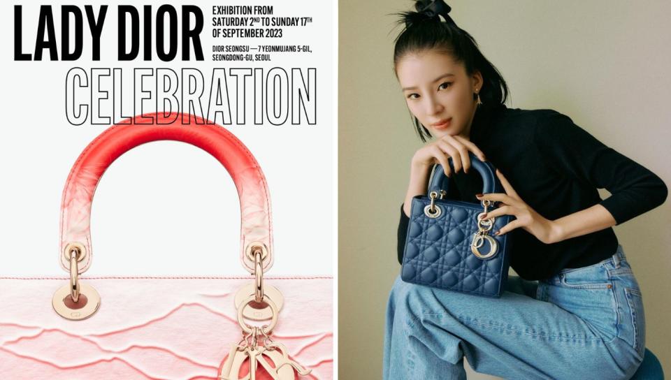 A photo of Lady Dior Seoul exhibition poster; influencer Irene Kim poses with a Lady Dior bag. (PHOTO: Dior; Instagram/ireneisgood)