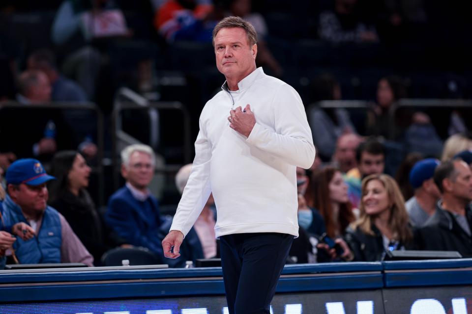 Nov 9, 2021; New York, New York, USA; Kansas Jayhawks head coach Bill Self looks on during the second half against the Michigan State Spartans at Madison Square Garden. Mandatory Credit: Vincent Carchietta-USA TODAY Sports