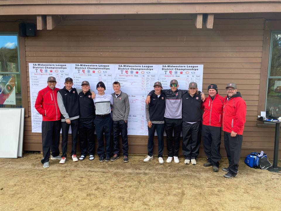 The Thurston boys golf team placed first with a two-day total of 649 at the 5A Midwestern League District Championships at the Running Y Resort in Klamath Falls May 1-2, 2023.