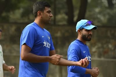 Indian cricketers Ravichandran Ashwin and Ravindra Jadeja during a practice session.